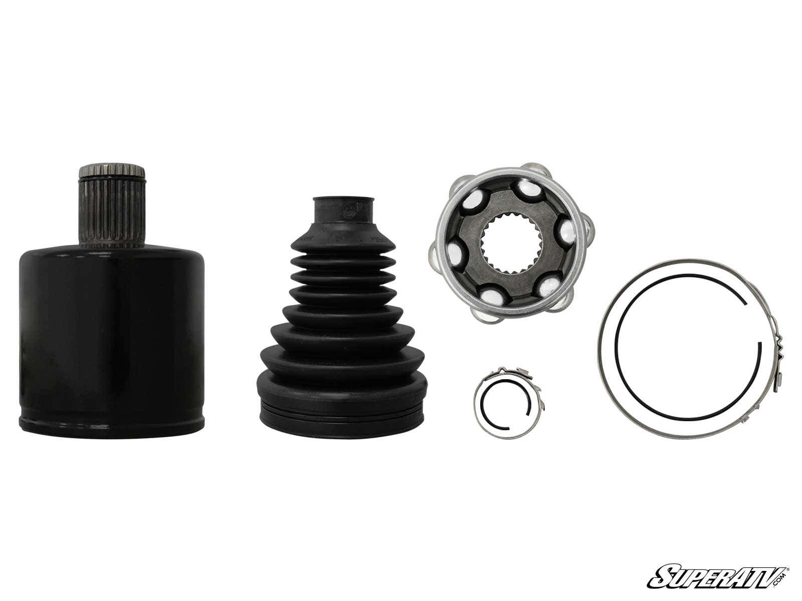 Five Polaris Heavy-Duty Replacement CV JointRhino 2.0 parts are arranged in a row on a white background: a metal joint, black rubber boot, splined bearing with six ball bearings, and two metal snap rings. The SuperATV logo is in the bottom right corner.