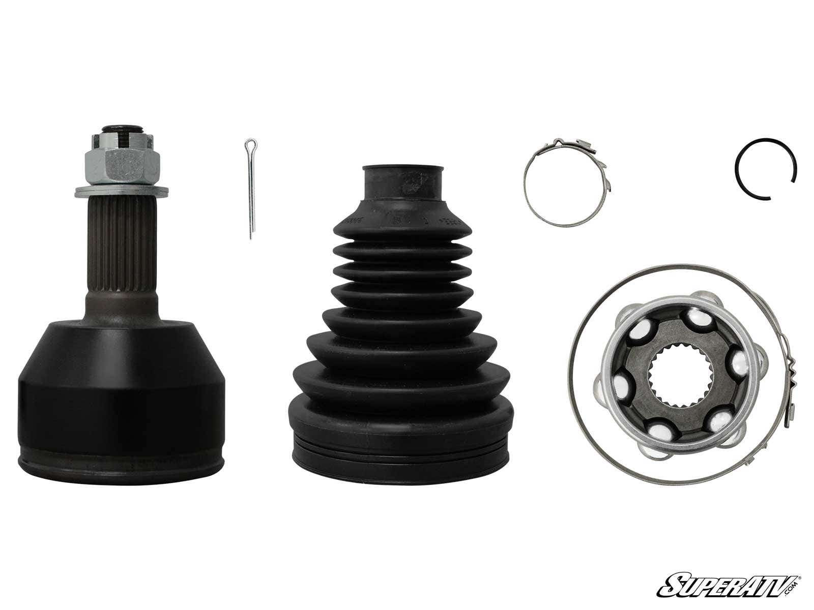 The Can-Am Heavy-Duty Replacement CV Joint Kit Rhino 2.0 includes seven parts—a metal joint, cotter pin, black rubber boot, two metal clamps, ball-bearing joint, and snap ring—arranged on a white background with the SuperATV logo in the corner.