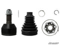 The Honda Heavy-Duty Replacement CV Joint Kit Rhino 2.0 is shown on a white background, including a metal CV joint, black rubber boot, partially assembled bearing, cotter pin, three metal retaining clamps, and the SuperATV logo in the lower right corner.
