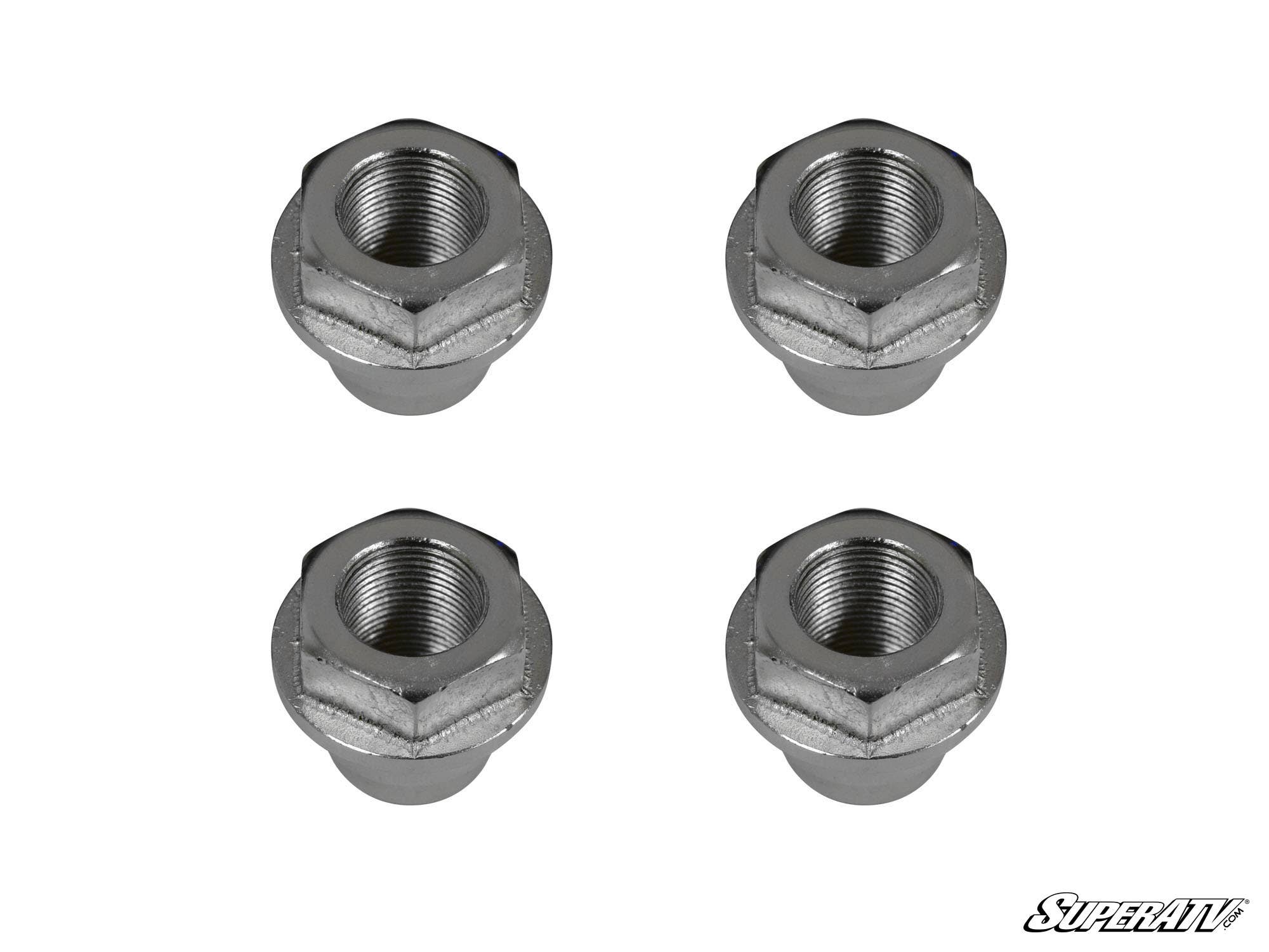 Four recessed nuts from the Polaris RZR Portal Gear Lift Recessed Nut Kit are arranged in a square on a white background with threaded ends facing up. The SuperATV logo appears in the bottom right corner.