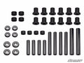 A neatly arranged set of Polaris RZR S 1000 Rear A-Arm Bushings, washers, and sleeves of various sizes on a white background with the SuperATV logo in the bottom right, designed for automotive or machinery use.