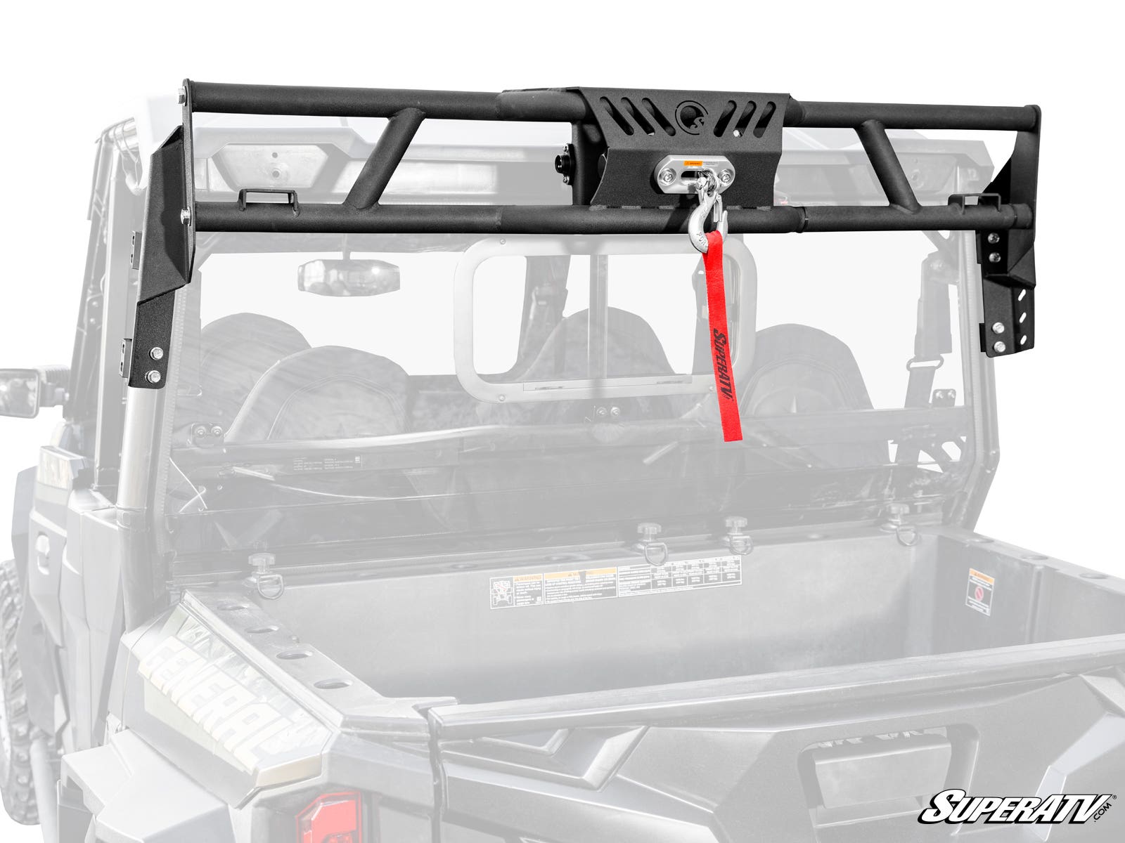The Polaris General XP 1000 Game Loader Rack is a black metal headache rack with an integrated winch and red strap, mounted on a side-by-side utility vehicle bed. The winch is centered at the top; SuperATV logo appears in the lower right on a white backgr