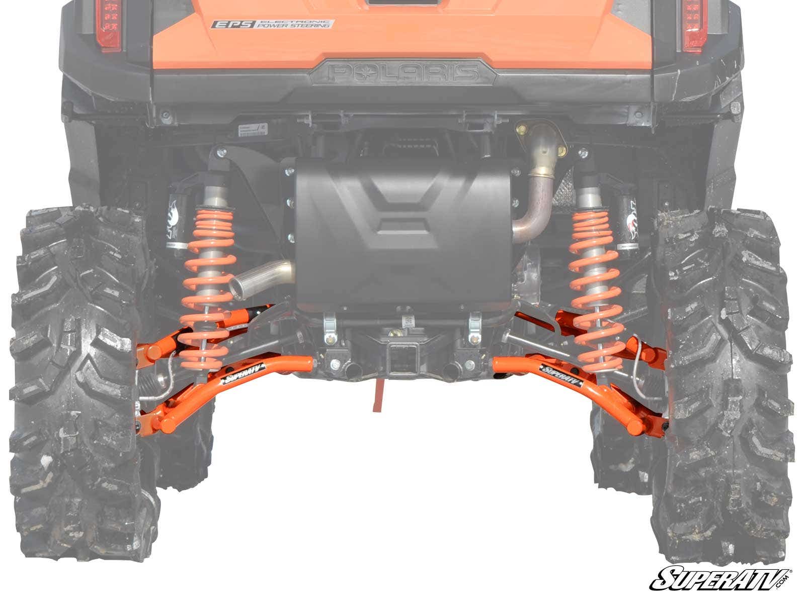 Rear view of a vehicle with large rugged tires, orange Polaris RZR 4 900 High Clearance 1.5 Rear Offset A-Arms, visible coil springs, and exhaust system against a white background. SuperATV logo shown bottom right.