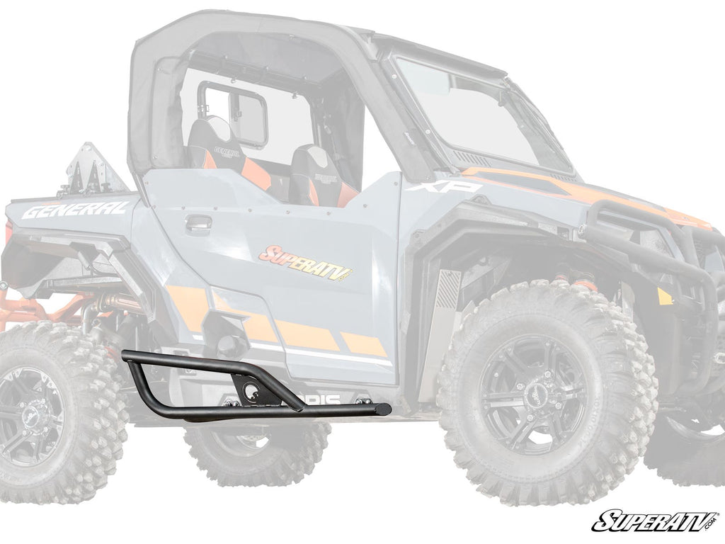 The Polaris General XP 1000 Tree Kickers are shown in black metal, mounted on the side of a gray and orange off-road utility vehicle with large rugged tires and a roll cage. The SuperATV logo appears in the lower right corner.