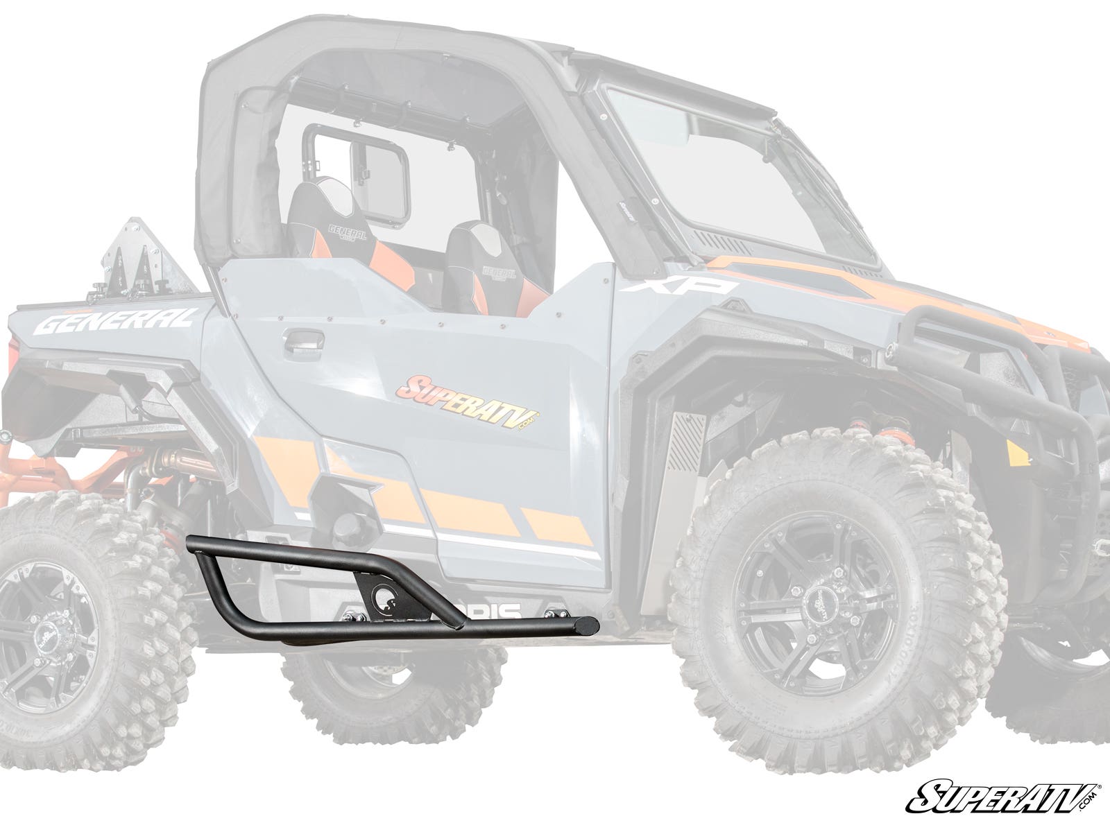 The Polaris General XP 1000 Tree Kickers are shown in black metal, mounted on the side of a gray and orange off-road utility vehicle with large rugged tires and a roll cage. The SuperATV logo appears in the lower right corner.