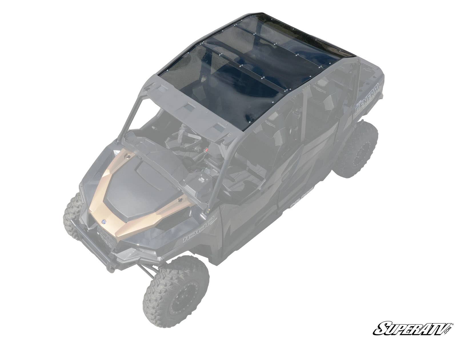 The Polaris General 4 Seater Tinted Roof, made from black-tinted polycarbonate, is installed on a four-seater off-road vehicle. Its partial transparency accentuates the roof’s fit and coverage, with the SuperATV logo in the bottom right corner.