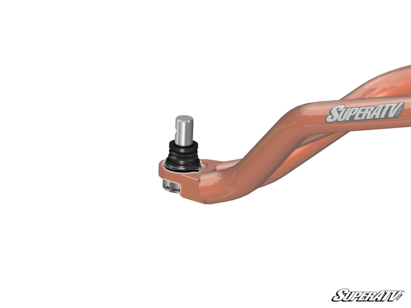 A close-up of a metallic orange Honda Pioneer 700 Ball Joint suspension control arm with a ball joint at one end. SuperATV is printed on the arm, and the SuperATV logo appears in the bottom right on a white background.