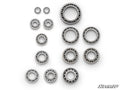 The Polaris RZR PRO XP Premium Transmission Bearing Upgrade Kit features fourteen variously sized silver ball bearings, arranged in a grid on a white background. The SuperATV logo is displayed in the bottom right corner of the image.