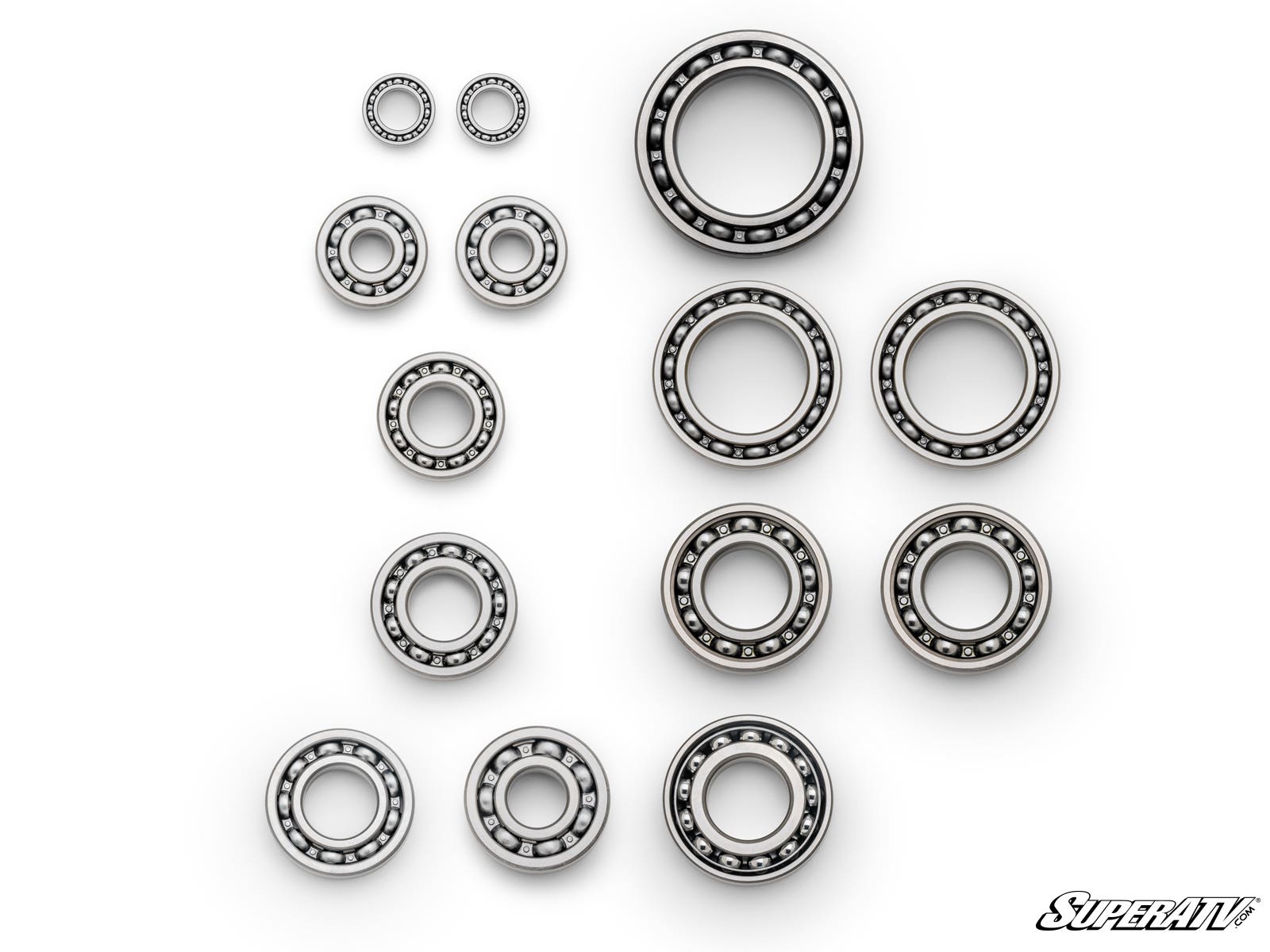 The image shows the Polaris RZR XP Premium Transmission Bearing Upgrade Kit: thirteen assorted metal bearings with visible inner and outer rings, neatly arranged on white. The SuperATV logo appears in the lower right corner.