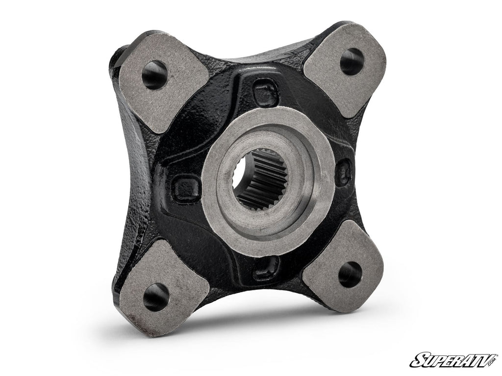 The Up & Running Polaris RZR PRO XP Wheel Hub is black, square, metal with a central splined hole and four rounded bolt holes at the corners. It has a solid, slightly textured surface and features the SuperATV logo in the bottom right. Isolated on white.
