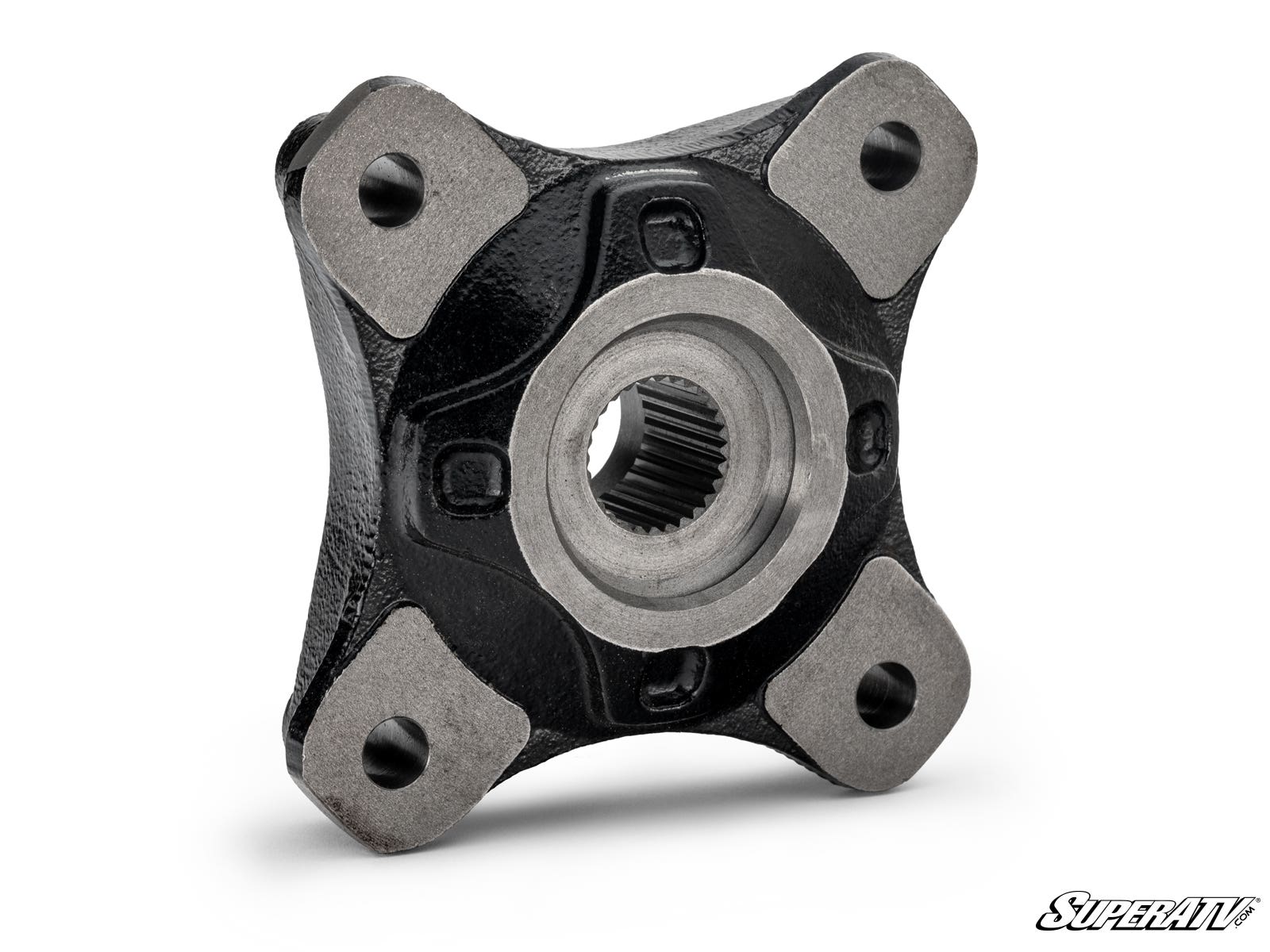 The Up & Running Polaris RZR PRO XP Wheel Hub is black, square, metal with a central splined hole and four rounded bolt holes at the corners. It has a solid, slightly textured surface and features the SuperATV logo in the bottom right. Isolated on white.