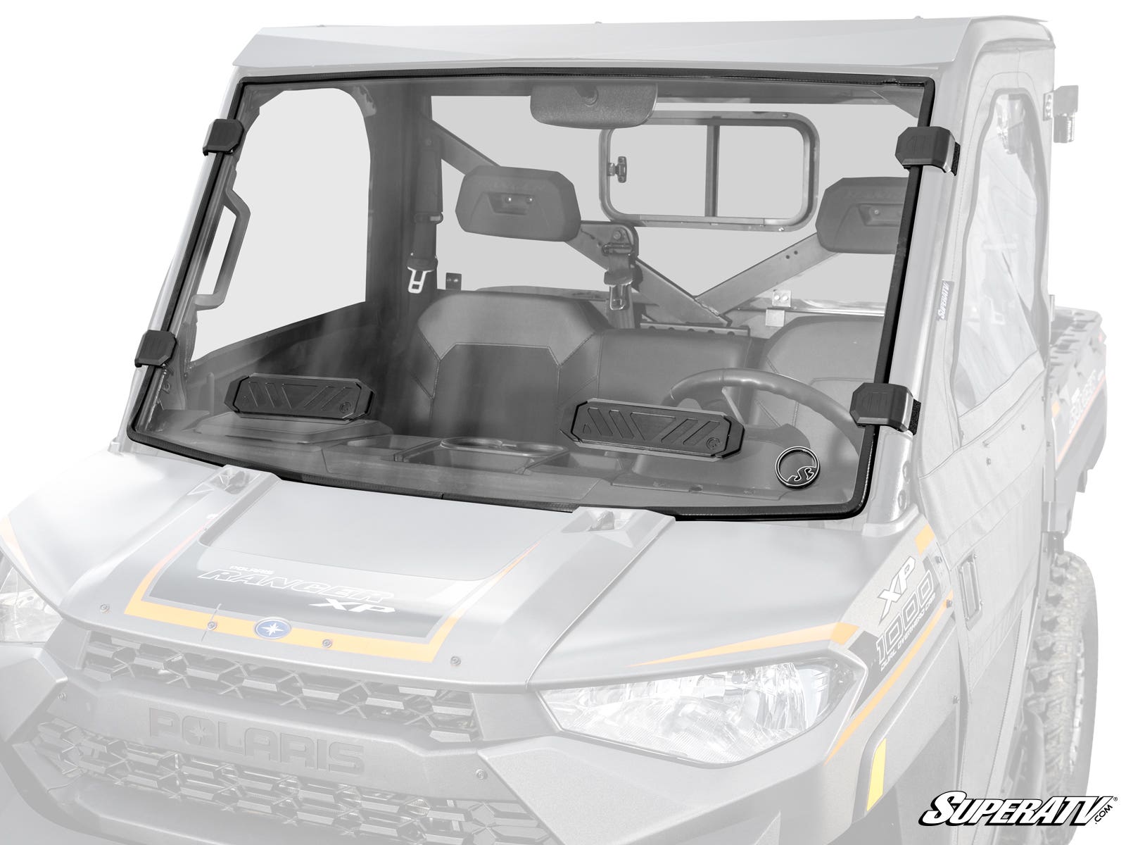A Bobcat UV34 Vented Full Windshield is installed on a gray Polaris off-road vehicle, covering the entire front cabin. It features mounted wipers, defrost vents, four clamps, and displays the SuperATV logo in the bottom right corner.
