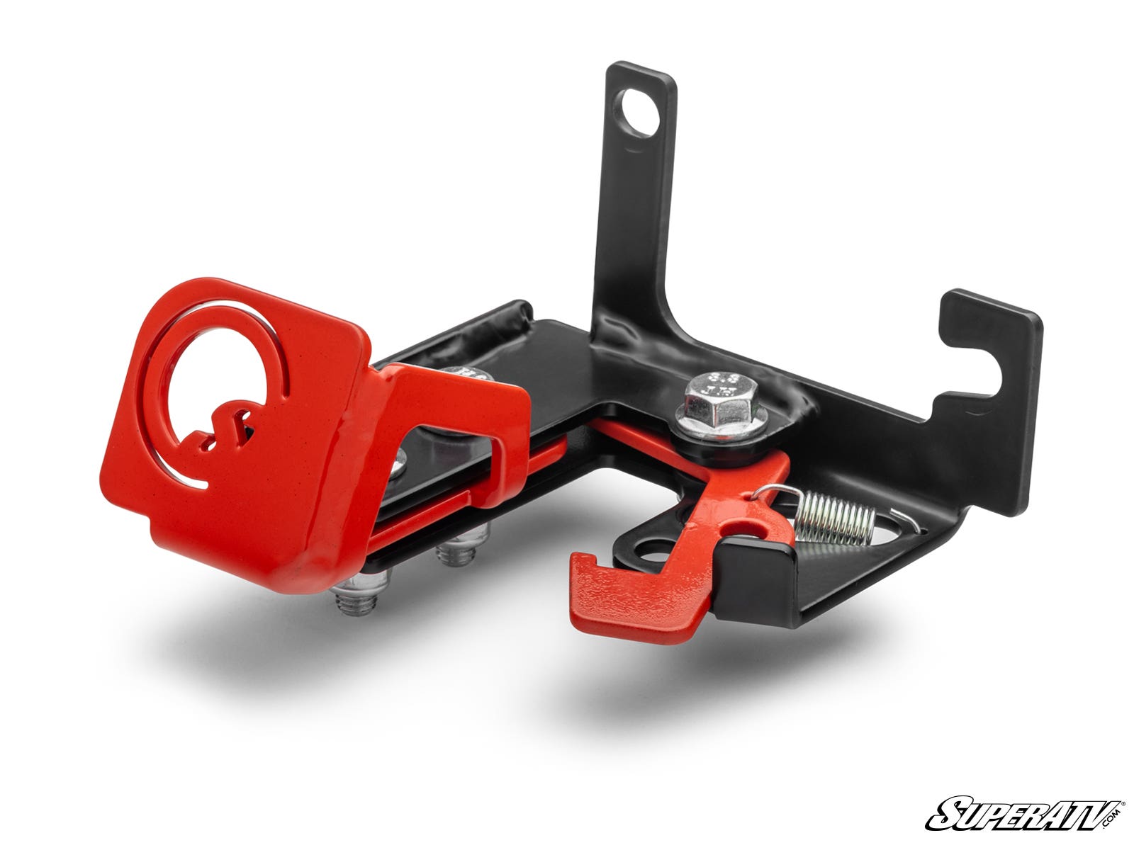 The Polaris Ranger Brake Lock features a black metal bracket with multiple mounting points, a bright red latch with circular cutout and hook design, spring, and bolts. The SuperATV logo is visible in the bottom right corner.