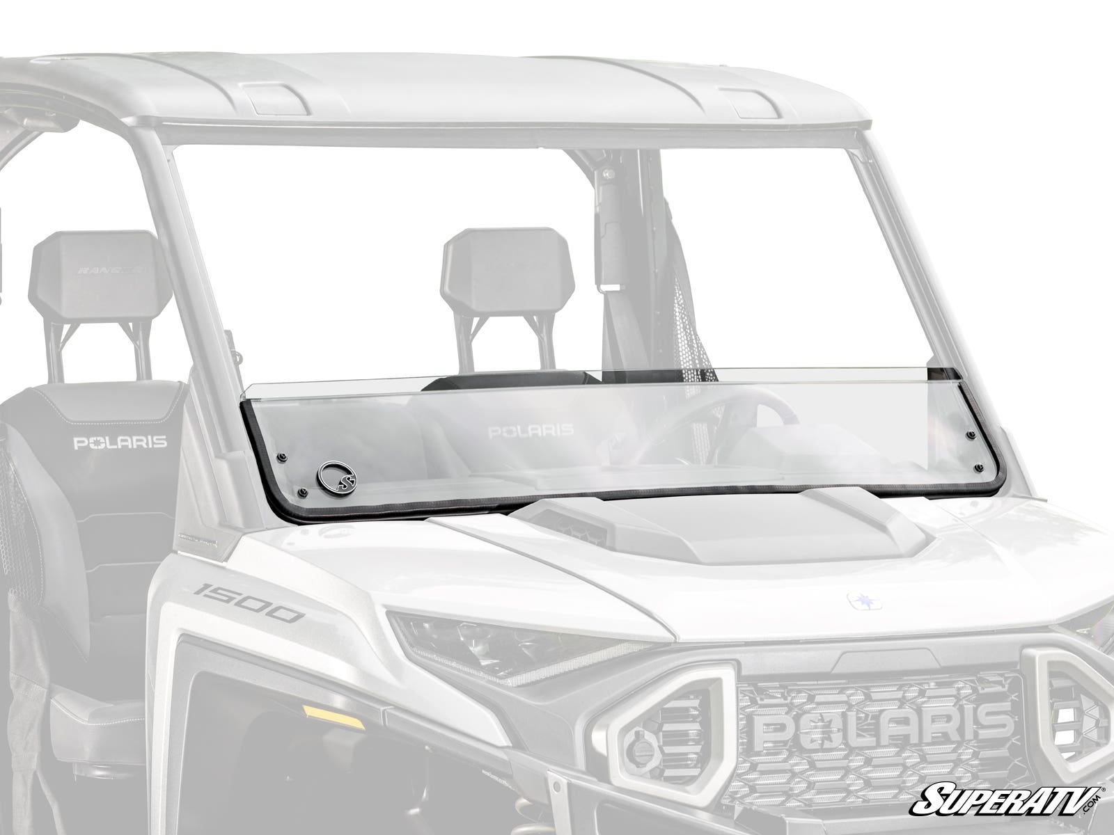 A Polaris Ranger XD 1500 Half Windshield with a horizontal seam, rubber seal, and a circular left-side vent is mounted on a white utility vehicle. The clear glass covers the front; the background and interior are faintly visible.