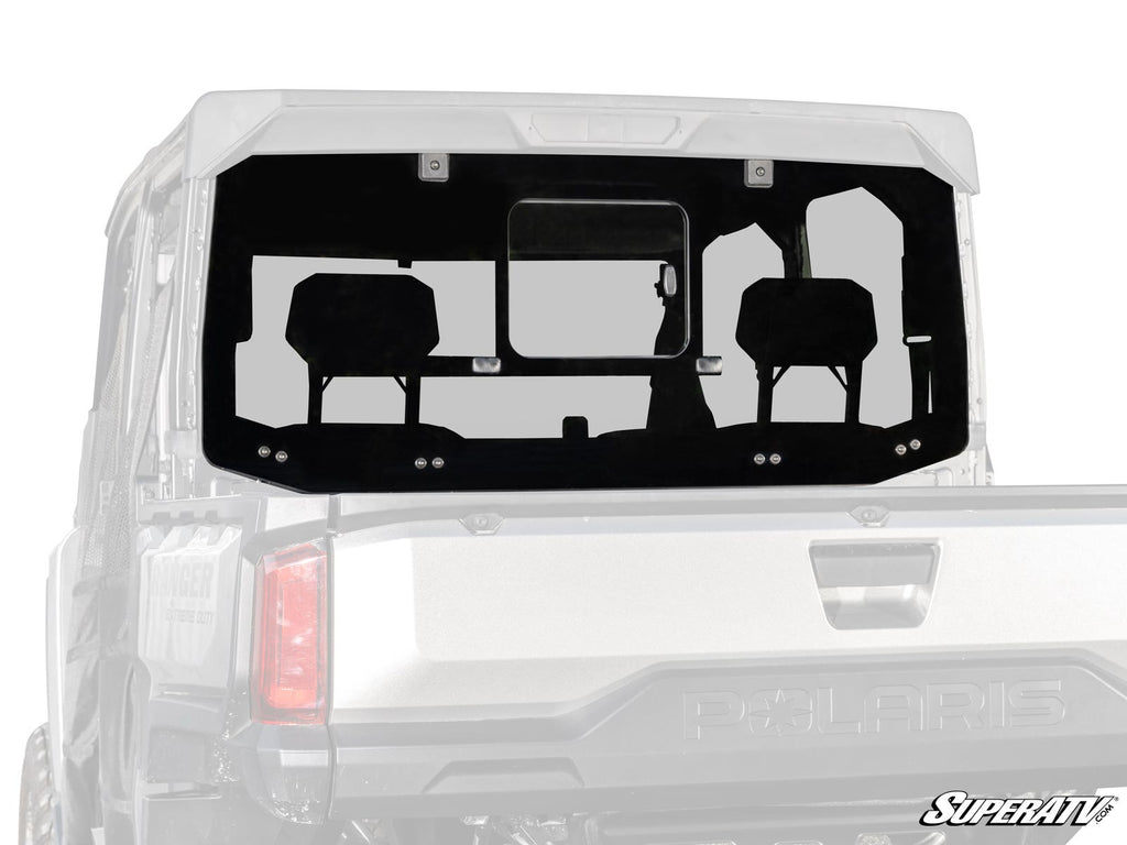 A Polaris Ranger XD 1500 Glass Sliding Rear Windshield is installed on a silver Polaris utility vehicle. It features a central sliding vent, is secured with four black brackets, and displays the SuperATV logo in the bottom right corner.