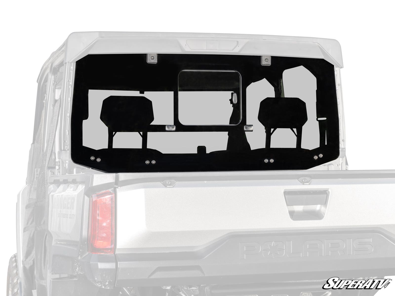 A Polaris Ranger XD 1500 Glass Sliding Rear Windshield is installed on a silver Polaris utility vehicle. It features a central sliding vent, is secured with four black brackets, and displays the SuperATV logo in the bottom right corner.