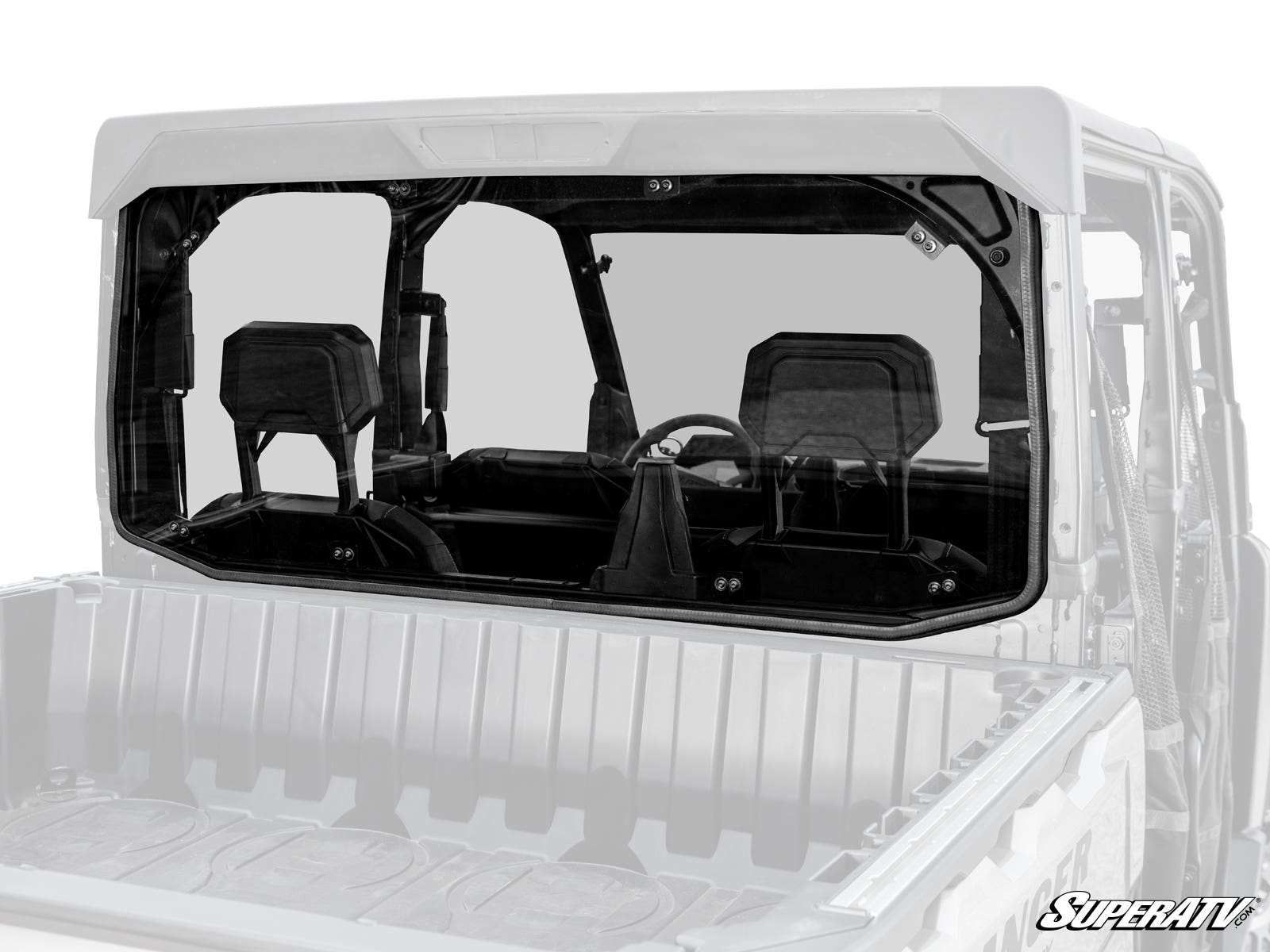 A Polaris Ranger XD 1500 Rear Windshield made of clear polycarbonate is installed on a white utility vehicle, showing the three-seat cab interior, steering wheel, and headrests. The SuperATV logo appears in the lower right corner.