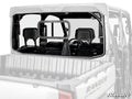 Rear view of a Polaris Ranger XD 1500 shows its Sliding Rear Windshield with a center sliding window, visible cargo bed and partial cab; SuperATV logo appears in the bottom right corner.