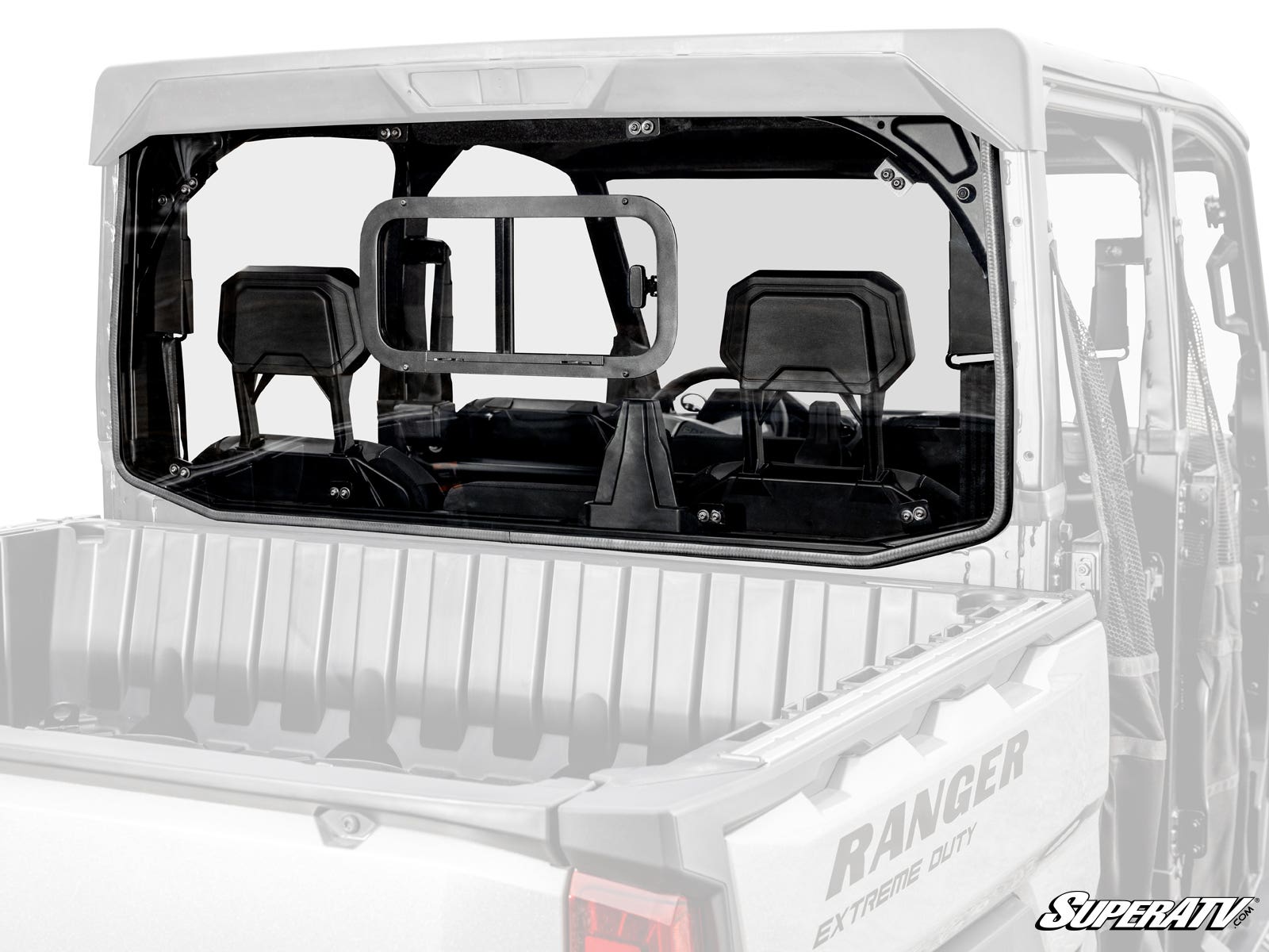 Rear view of a Polaris Ranger XD 1500 shows its Sliding Rear Windshield with a center sliding window, visible cargo bed and partial cab; SuperATV logo appears in the bottom right corner.