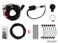 The Polaris Ranger XP 900 Plug & Play Turn Signal Kit is displayed on a white background with its wire harnesses, signal switch, round horn, metal bracket, zip ties, connectors, mounting hardware, six LED lights with wiring, and SuperATV logo bottom right