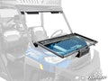 A blue Polaris XP 1000 with a Bobcat UV34 Flip Down Glass Windshield installed; the windshield features black mounting hardware, a vented lower section, partial opening capability, and displays the SuperATV logo in the lower right corner.