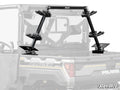 The Polaris Ranger In-Bed Gun Rack is a black metal rack with multiple padded holders, mounted elevated and angled in the cargo bed to securely carry several rifles or shotguns during off-road travel.