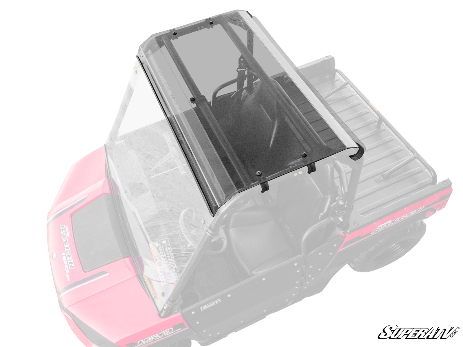 Top-down view of a Polaris Ranger 150 Tinted Roof—partially transparent and black—installed on a red off-road utility vehicle. The cargo bed, cage frame, and SuperATV logo appear in the bottom right corner.
