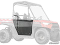 A black Polaris Ranger 1500 UTV with Polaris Ranger 150 Aluminum Doors and visible bolts is shown from the driver’s side; the rest of the vehicle, including roof and seats, appears as a translucent outline. “SuperATV” logo is in the lower right corner.