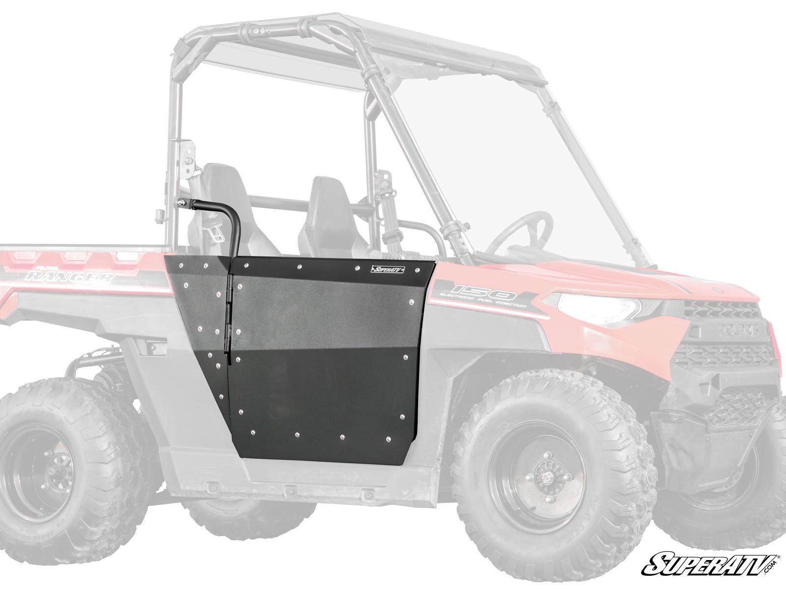 A black Polaris Ranger 1500 UTV with Polaris Ranger 150 Aluminum Doors and visible bolts is shown from the driver’s side; the rest of the vehicle, including roof and seats, appears as a translucent outline. “SuperATV” logo is in the lower right corner.