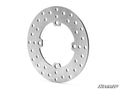 The Up & Running Polaris Ranger XP 1000 Rear Brake Rotor is a silver, circular metal rotor with evenly spaced holes for ventilation, a smooth finish, center cut-out for mounting, and features the SuperATV logo in the bottom right corner.