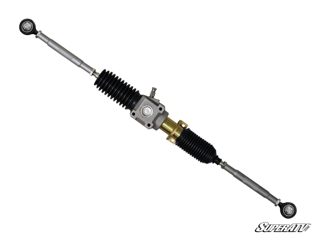 The Polaris Ranger 400 RackBoss Heavy-Duty Rack and Pinion is displayed diagonally on a white background, featuring black rubber boots at both ends, silver tie rods, a central gearbox with mounting points, and the SuperATV logo in the bottom right corner.