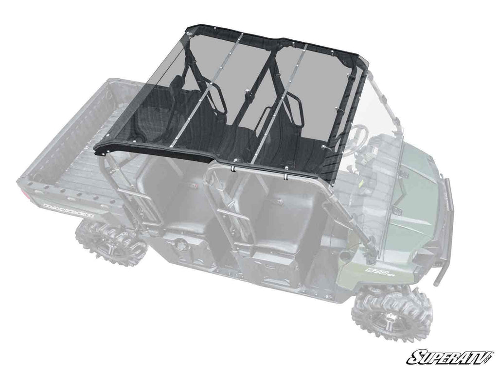 A Polaris Ranger Crew 570 with four seats is shown featuring the Polaris Ranger Crew 570 Tinted Roof. The transparent roof is supported by black metal bars and highlighted, while the rest of the vehicle appears faded. The SuperATV logo is in the corner.