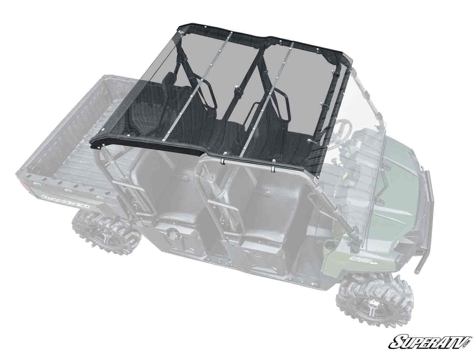 A Polaris Ranger Crew 570 with four seats is shown featuring the Polaris Ranger Crew 570 Tinted Roof. The transparent roof is supported by black metal bars and highlighted, while the rest of the vehicle appears faded. The SuperATV logo is in the corner.