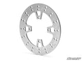 A round, silver Up & Running Polaris Ranger Brake Rotor Replacement stands upright at an angle, showing evenly spaced holes and four rectangular mounting slots. The background is white with the SuperATV logo in the bottom right corner.