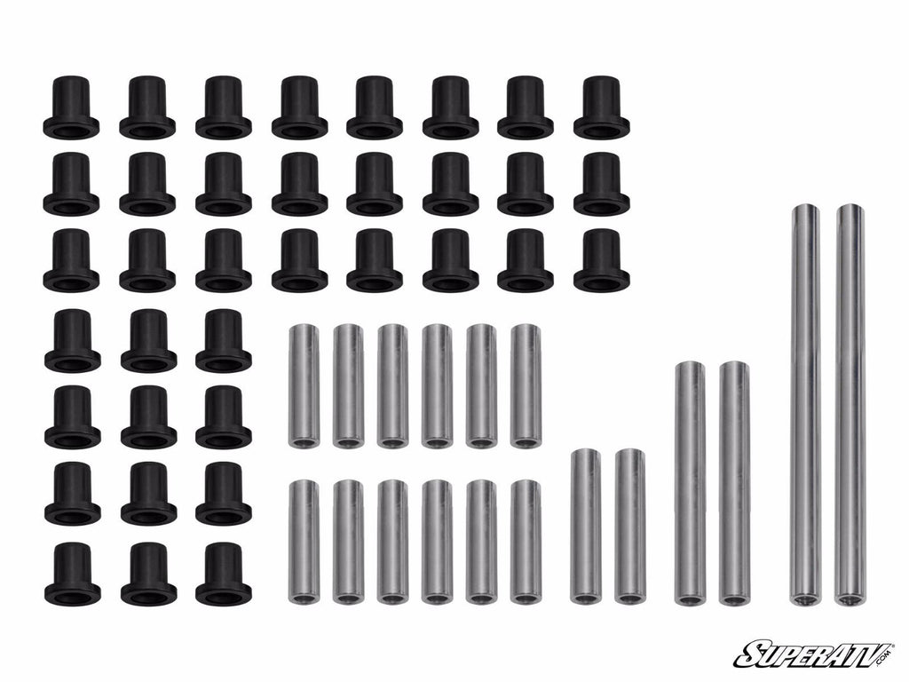 A set of Polaris Ranger XP 900 A-Arm Bushings is shown, featuring 32 black cylindrical bushings and 18 silver metal sleeves of different lengths arranged on a white background. The SuperATV logo is visible in the bottom right corner.