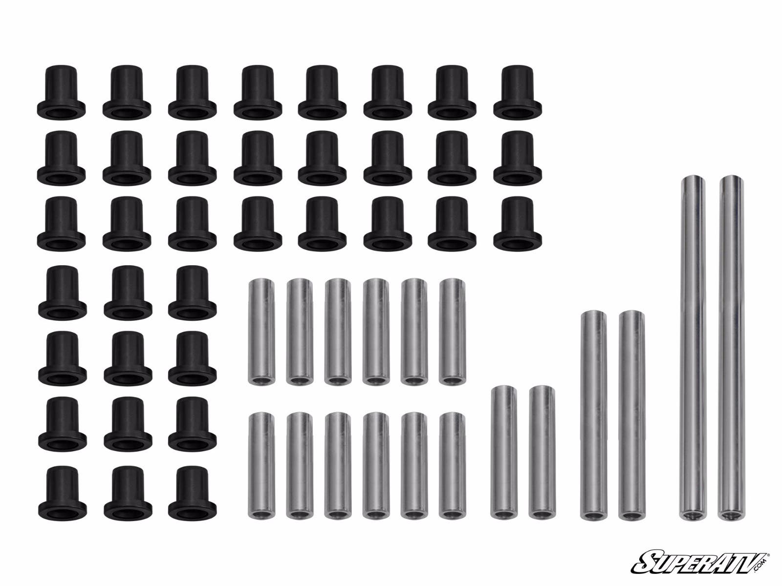 A set of Polaris Ranger XP 900 A-Arm Bushings is shown, featuring 32 black cylindrical bushings and 18 silver metal sleeves of different lengths arranged on a white background. The SuperATV logo is visible in the bottom right corner.