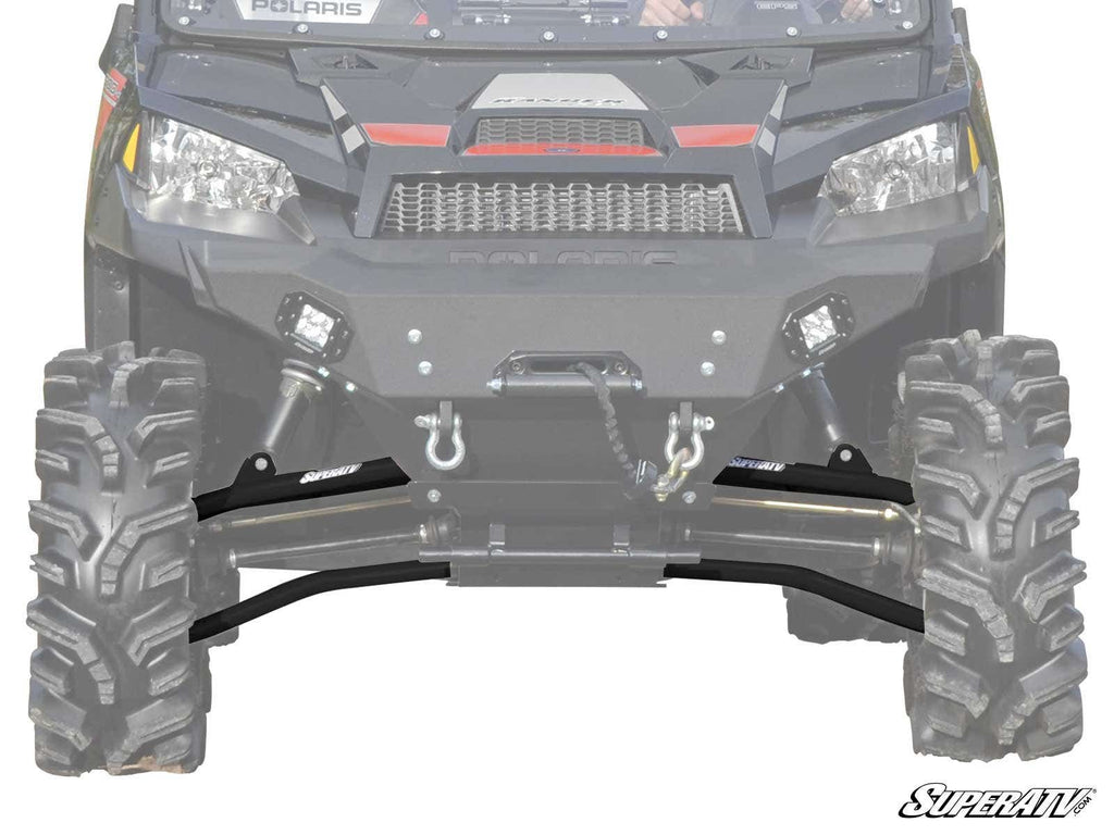 Close-up of a Polaris Ranger 1000 Diesel with High Clearance 1.5 Forward Offset A-Arms, featuring big knobby tires, winch, LED light bars, and heavy-duty suspension under the grill. “SuperATV” logo at bottom right; faded background highlights the front pa
