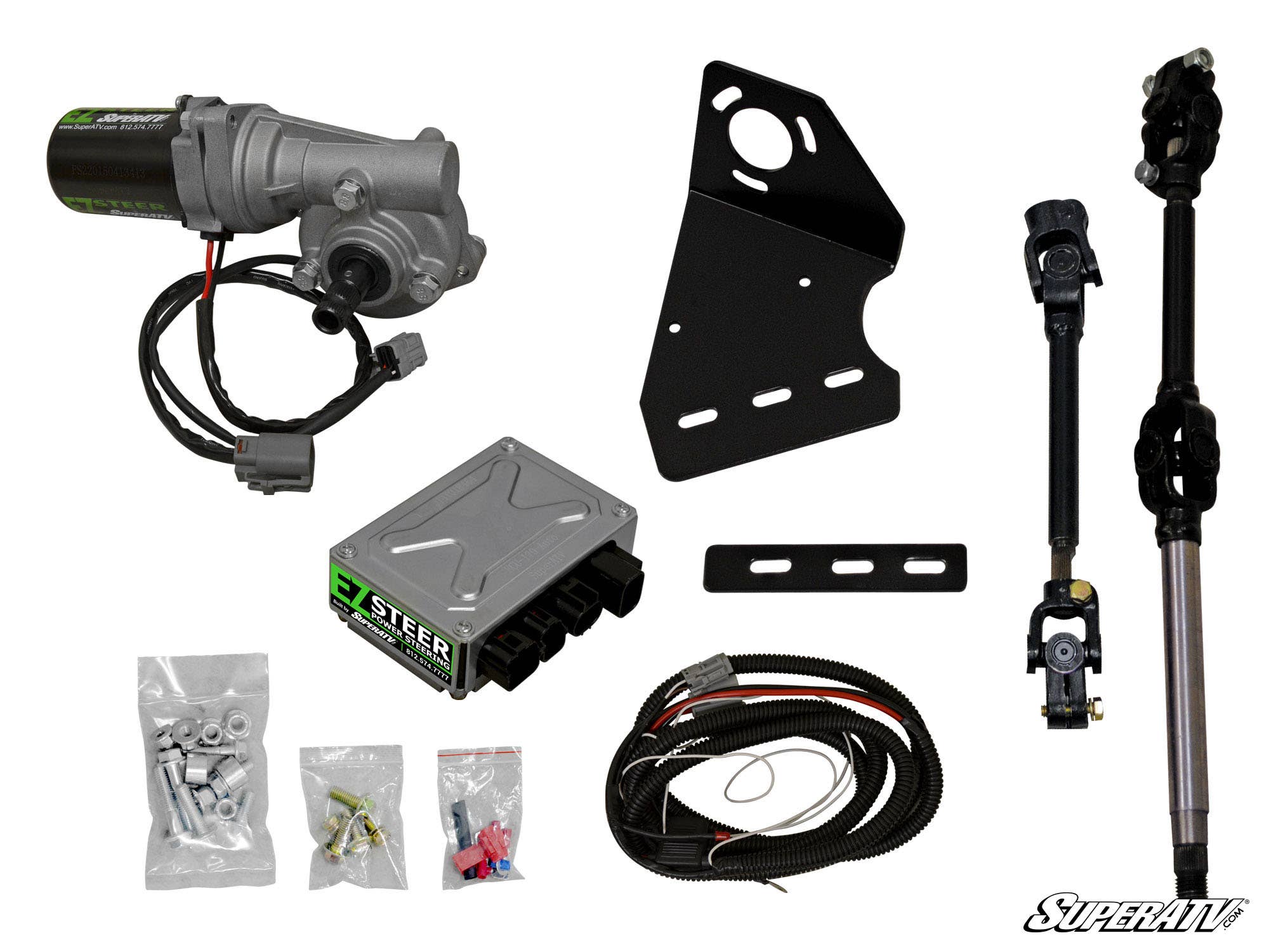 A Gravely Atlas JSV Power Steering Kit featuring an electric motor, mounting brackets, control module, wiring harness, hardware in plastic bags, and a black steering shaft assembly, all displayed on a white background.