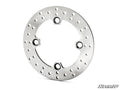 The Up & Running Polaris Scrambler Brake Rotor Replacement features a polished, circular silver metal rotor with three large mounting holes and several smaller holes spaced around its smooth edge. SuperATV logo appears in the bottom right corner.