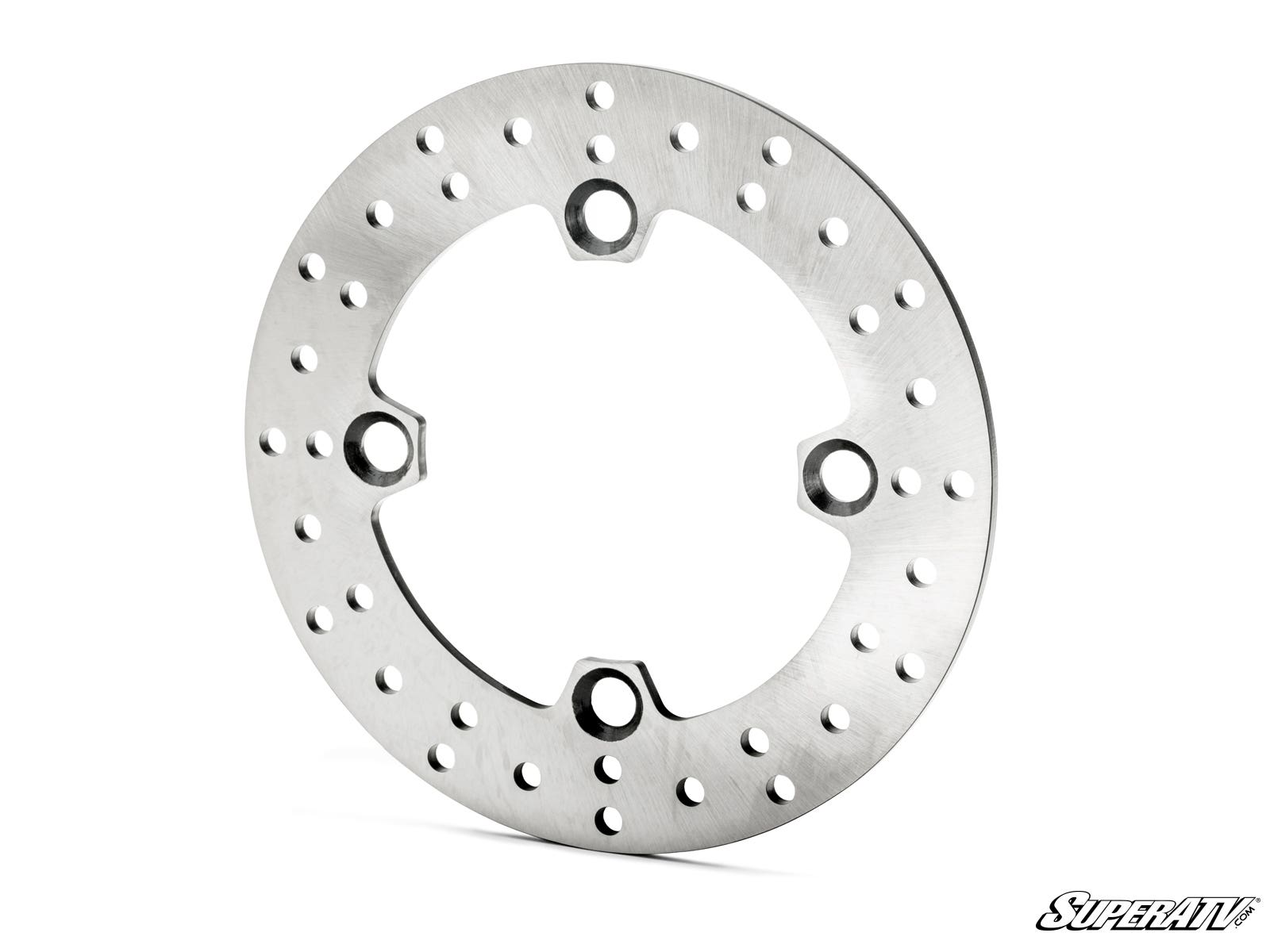 The Up & Running Polaris Scrambler Brake Rotor Replacement features a polished, circular silver metal rotor with three large mounting holes and several smaller holes spaced around its smooth edge. SuperATV logo appears in the bottom right corner.
