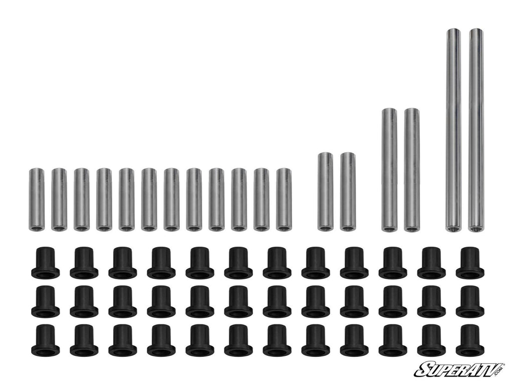 A set of 26 metal rods and 32 black bushings for Polaris Ranger XP 1000 A-Arm Bushings, arranged in rows on a white background. The SuperATV logo is visible in the lower right corner.