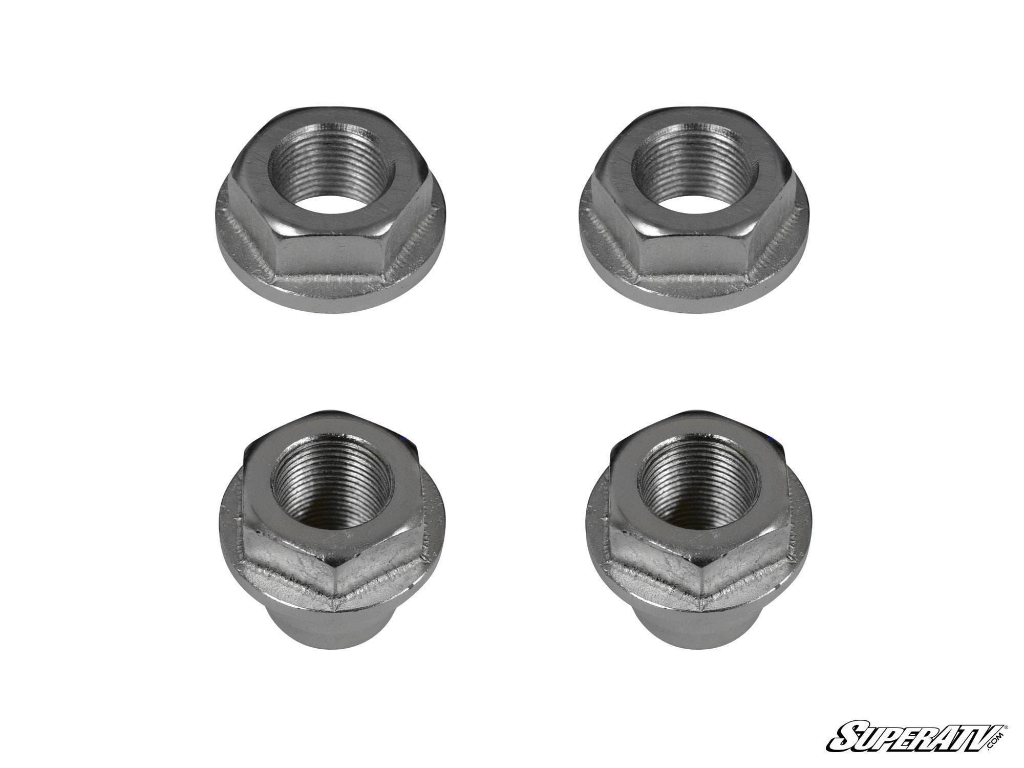 Four Polaris Ranger XP 1000 Portal Gear Lift Recessed Nuts are arranged in a square on a white background. Each features a wide base and threaded center, with the SuperATV logo visible in the bottom right corner.