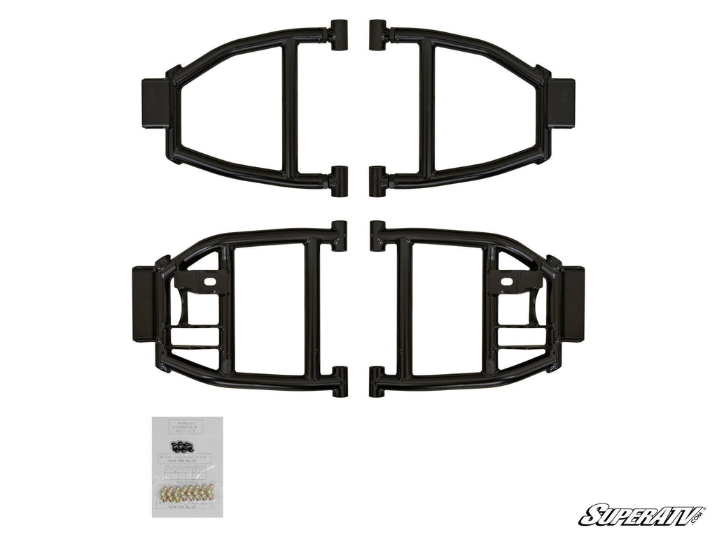 Four Polaris Ranger XP 900 High Clearance Rear A-Arms are displayed side by side, with a small clear bag of screws and springs below them. The SuperATV logo is visible in the bottom right corner on a white background.