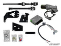 The Polaris Ranger Full Size 570 Power Steering kit is displayed on a white background, featuring a steering motor, control module, brackets, wiring harness, two steering shafts, mounting hardware, bolts, connectors, and the SuperATV logo in the corner.