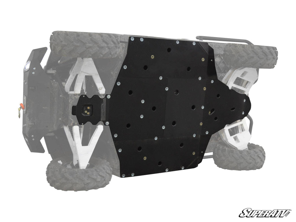 A Polaris Ranger XP 1000 tipped on its side displays a fitted black Full Skid Plate from SuperATV protecting the entire underside. Grayscale highlights the skid plate, with tires and chassis visible. SuperATV logo appears in the bottom right corner.