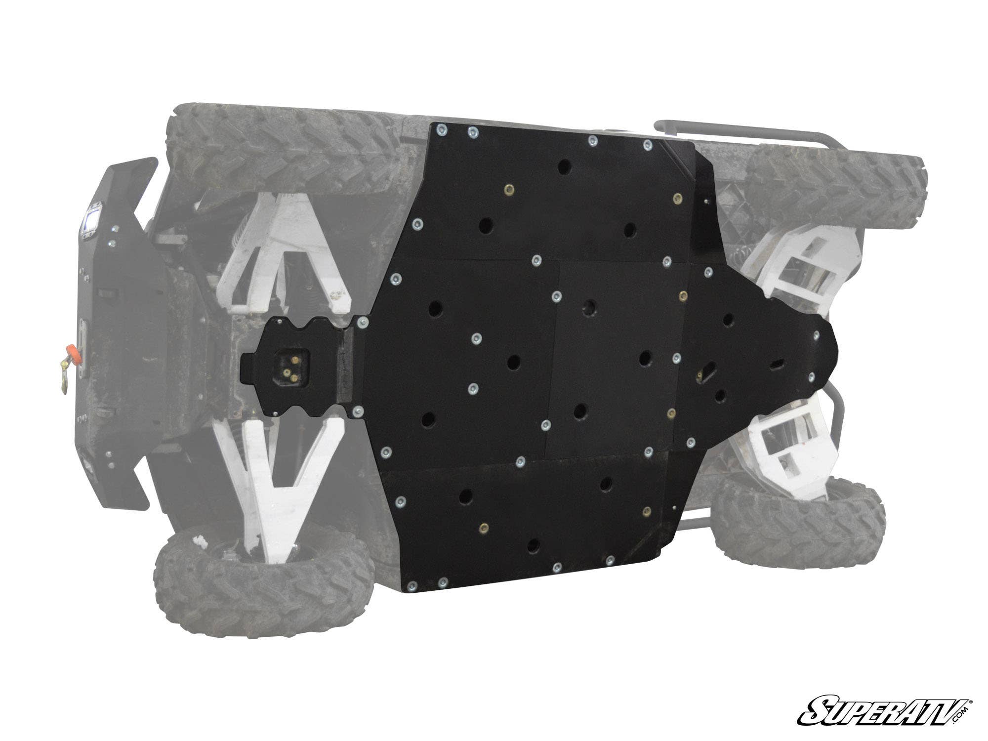 A Polaris Ranger XP 1000 tipped on its side displays a fitted black Full Skid Plate from SuperATV protecting the entire underside. Grayscale highlights the skid plate, with tires and chassis visible. SuperATV logo appears in the bottom right corner.