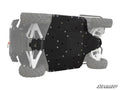 A side view of an off-road vehicle tipped onto its side displays the Polaris Ranger XP 900 Full Skid Plate, a large black protective plate secured with bolts beneath the undercarriage. Partially visible tires and frame appear, with the SuperATV logo in th