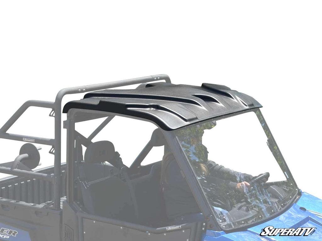 A Polaris Ranger XP Kinetic with a black, contoured Plastic Roof is shown from the side on a white background, highlighting the roof and roll cage. The SuperATV logo is visible in the lower right corner.
