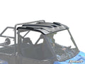 A Polaris Ranger XP Kinetic with a black, contoured Plastic Roof is shown from the side on a white background, highlighting the roof and roll cage. The SuperATV logo is visible in the lower right corner.