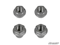 Four shiny hexagonal lug nuts from the Polaris Ranger Midsize 570 Portal Gear Lift Recessed Nut Kit are arranged in a square on a white background, with the “SuperATV” logo in the bottom right corner.